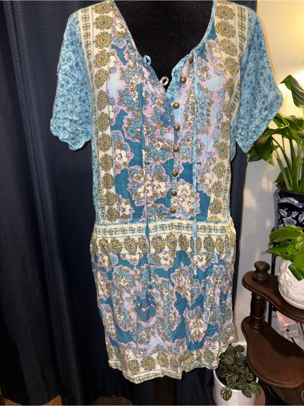 Angie Teal, Blue & Green Floral Boho Tie-Front Mini Dress